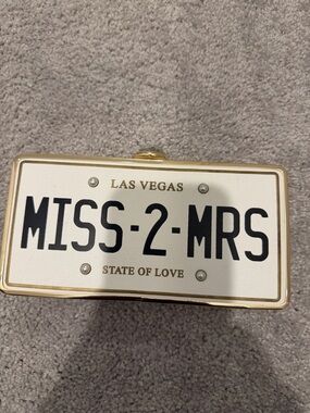 Aldo White and Gold License Plate Clutch